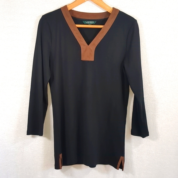 Lauren Ralph Lauren Women's Black Tunic Top w/ Brown Faux Suede Detail Size Med - Picture 1 of 11